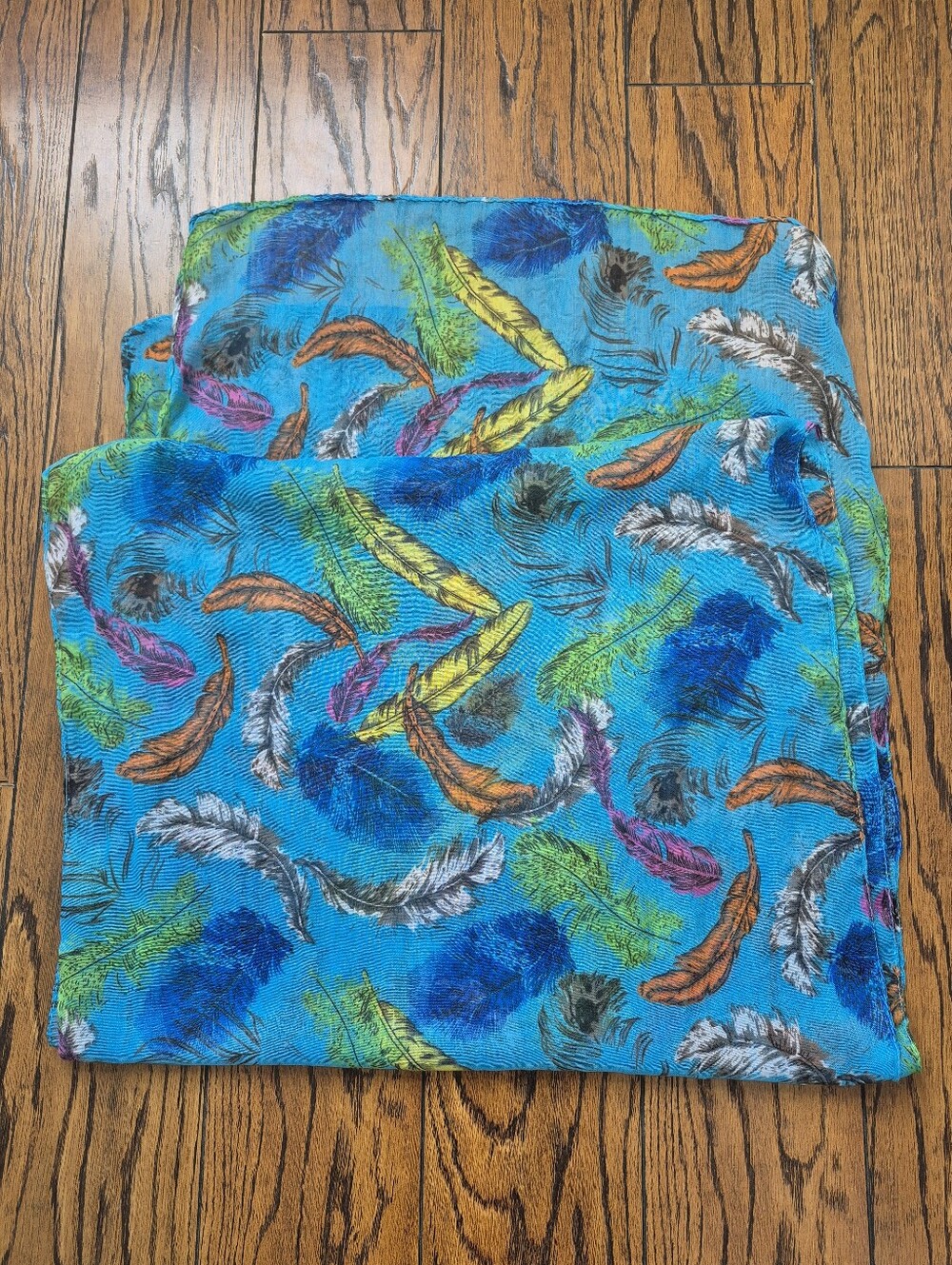 Lightweight Scarf - Feather Design - Blue with pink, yellow, orange, green